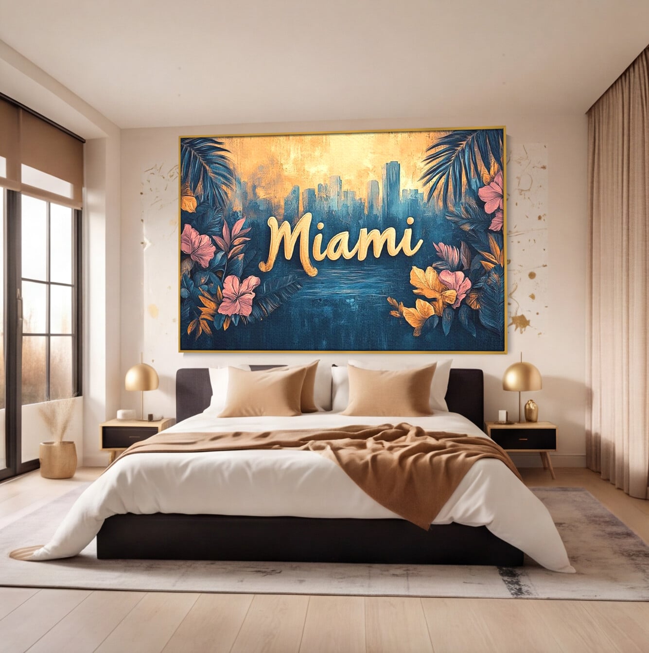 Tablou canvas cu tablou canvas cu peisaj urban miami, in rama de aluminiu auriu, pe perete intr-un dormitor